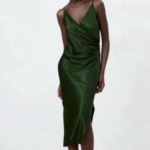 Zara Forest Green Satin silk Midi Dress xs